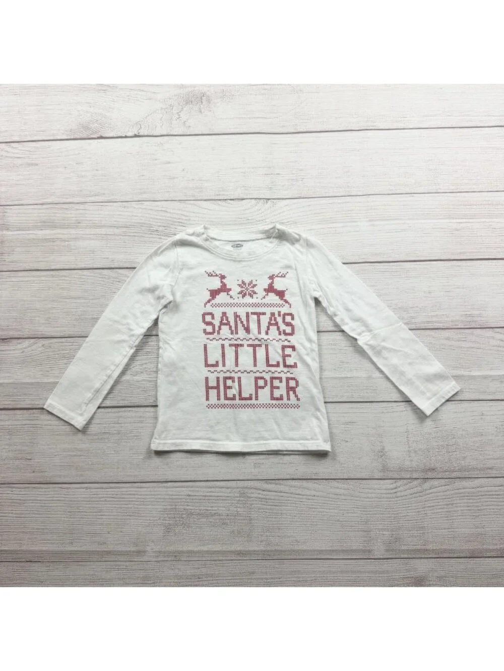 Old Navy Girls Santas Little Helper White Long Sleeve Shirt Lightweight Cotton 3